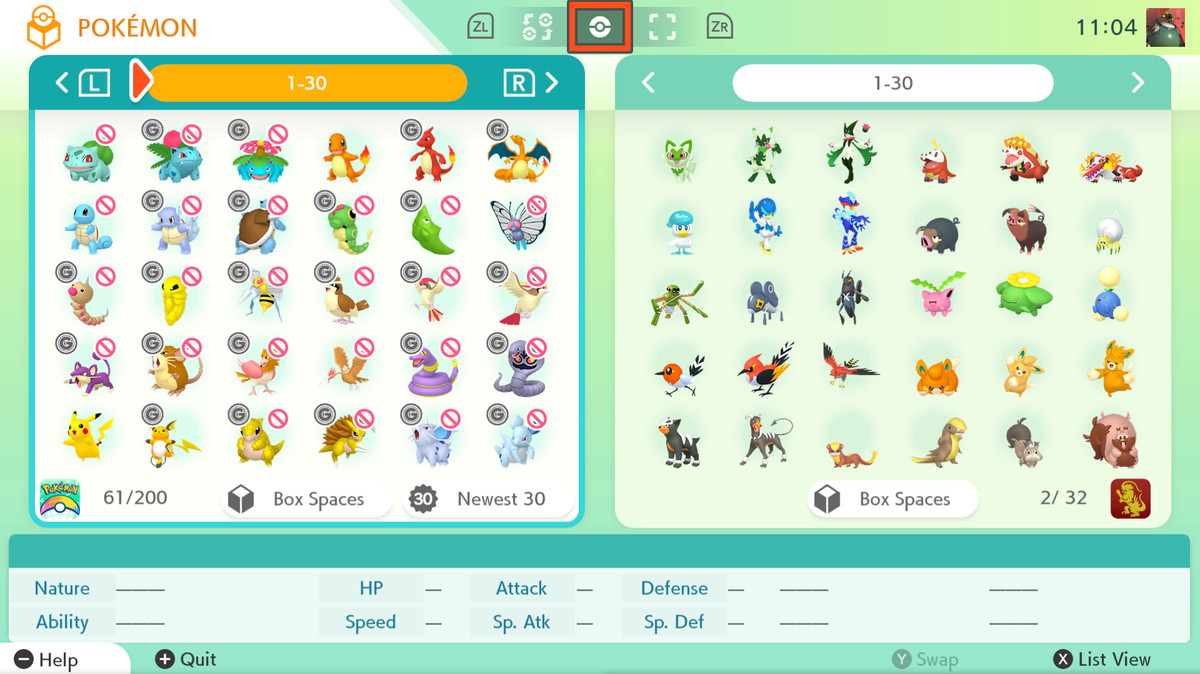 Due box Pokémon fianco a fianco in Pokémon Home.  La sinistra mostra l'1-30 del Pokédex Nazionale, e la destra mostra l'1-30 del Pokédex Paldex.