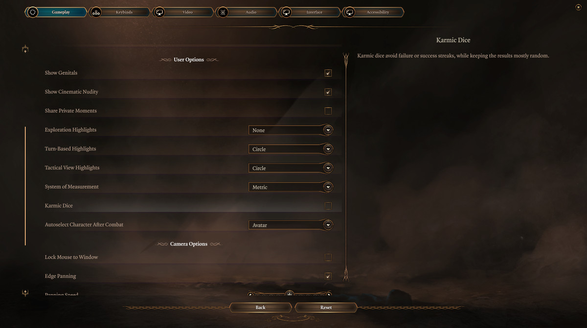 Un menu mostra l'impostazione dei dadi karmici nelle opzioni di Baldur's Gate 3.