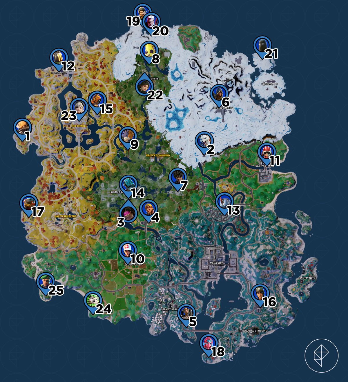Una grande mappa dell'isola di Fortnite, che mostra dove si possono trovare 25 diversi NPC, tutti numerati utilizzando icone blu.